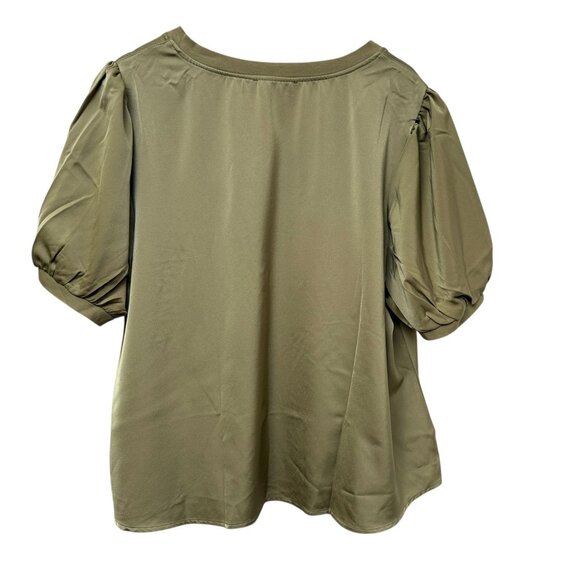 New York & Company Womens Top Plus Size 3X Puff Sleeve V-Neck Satin Blouse Green - Picture 4 of 11